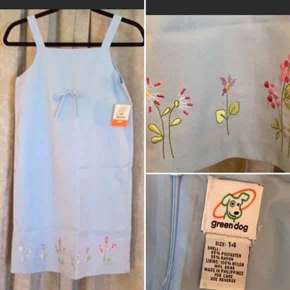 Green Dog 14 Sun Dress Blue Embroidered Spring Summer Easter - Picture 1 of 11